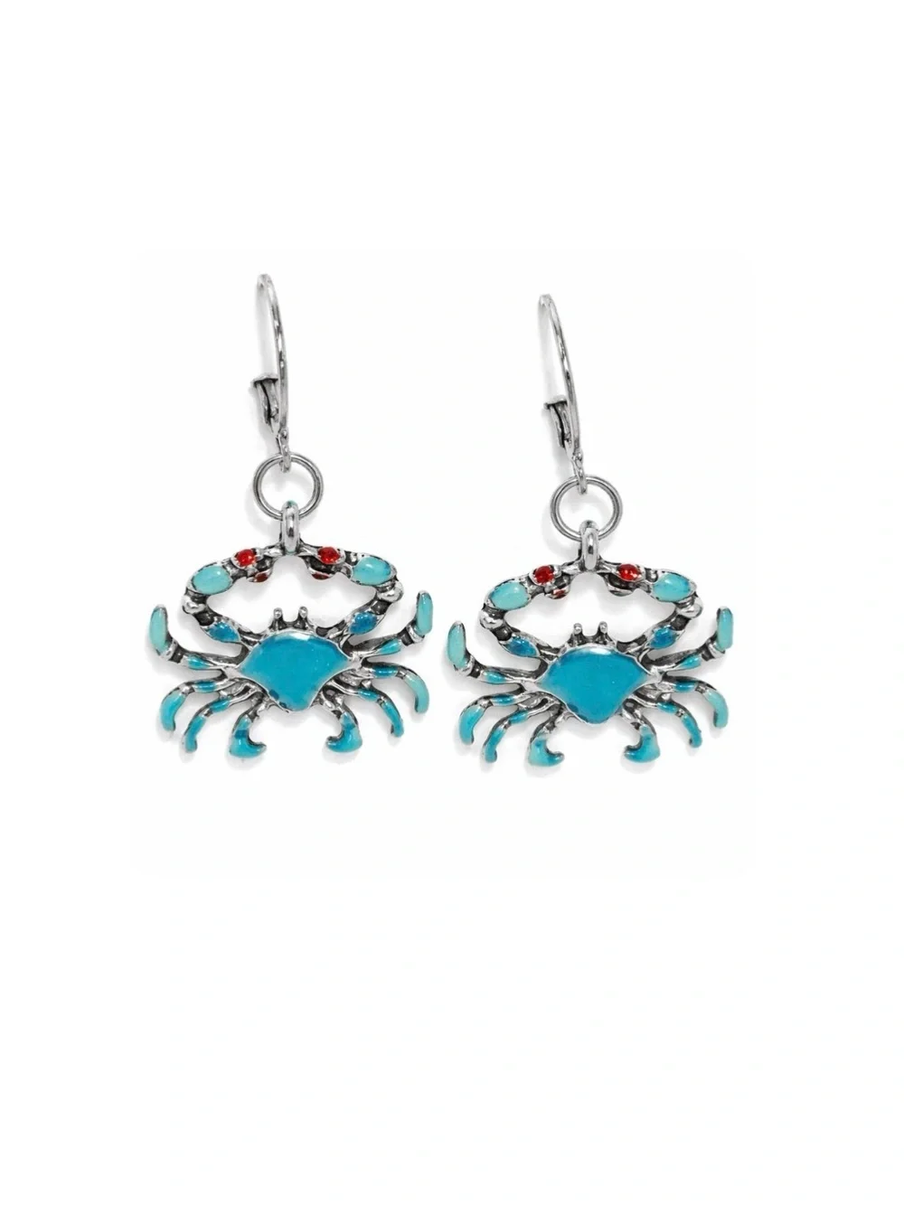 Crab Dangle Earrings Turquoise Enamel Silver Tone Coastal Beach Jewelry